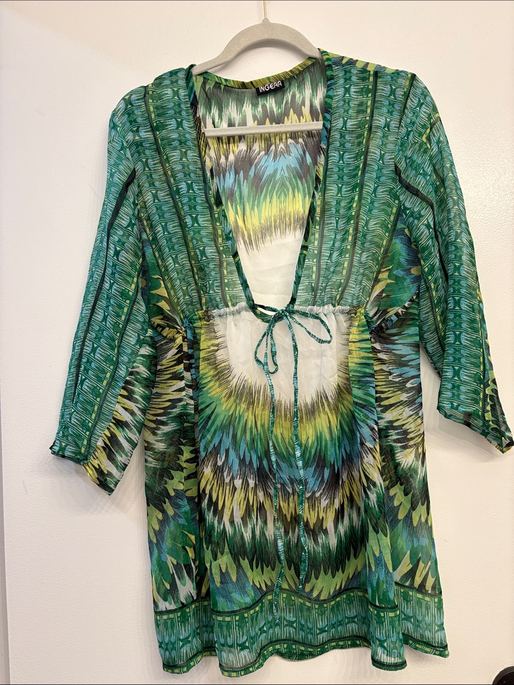 Ingear Green Teal Yellow Patterned V‑Neck Swim Coverup